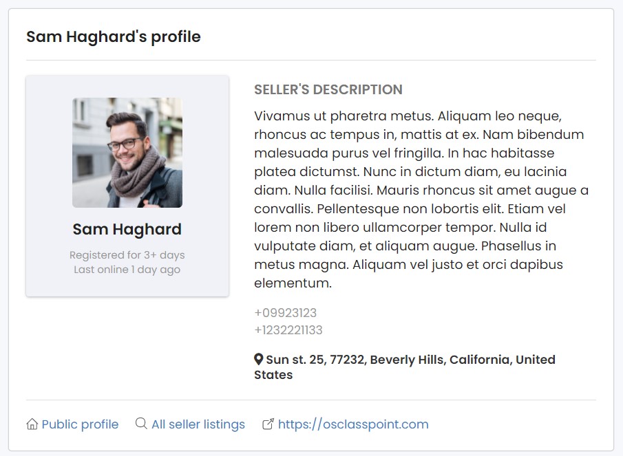 Item seller profile on listing page classifieds