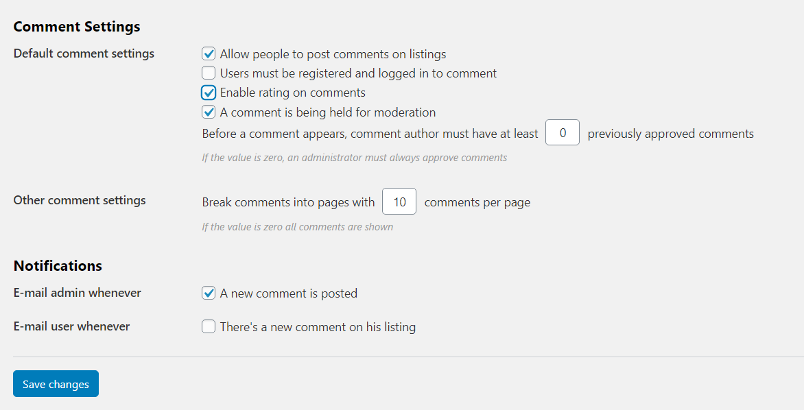 Classifieds CMS - comment rating settings page