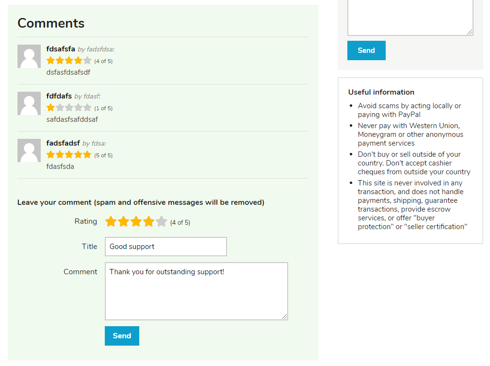 Classifieds CMS - comments rating in theme