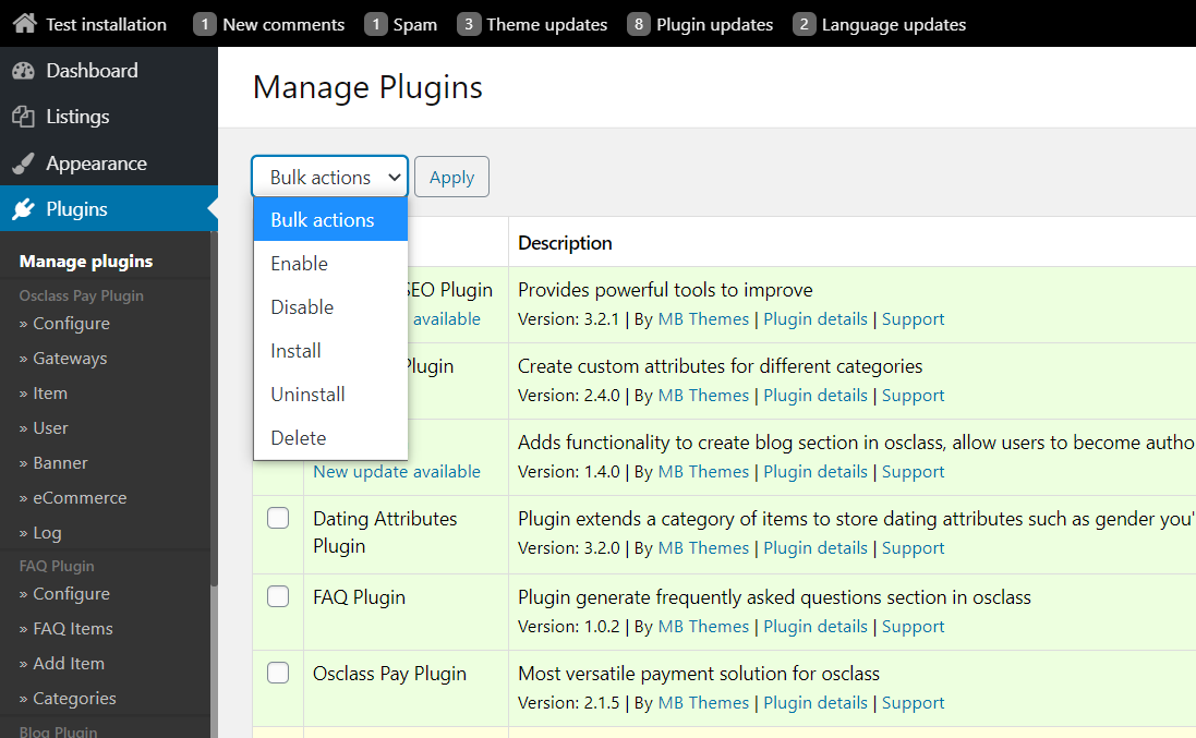 Osclass plugins bulk actions