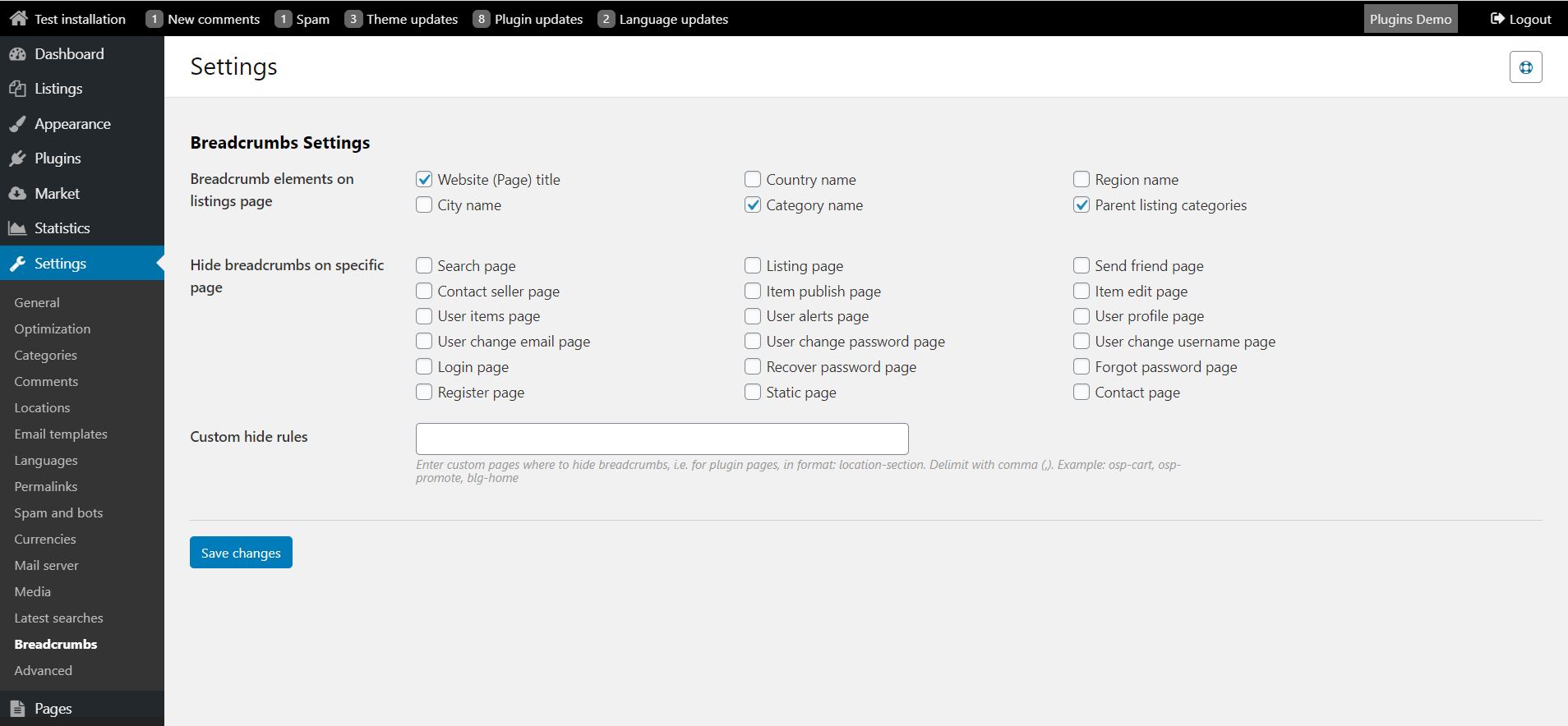 Osclass breadcrumbs settings