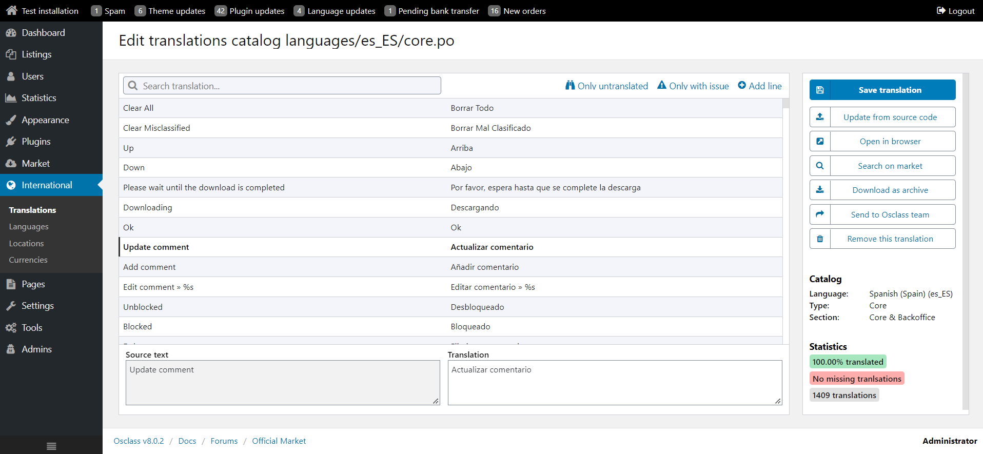 Translate osclass core in backoffice