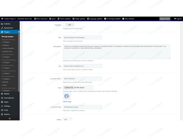 OsclassPoint.com - Testimonials Plugin