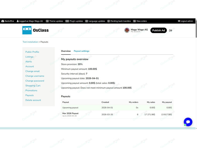 Payouts Plugin for Osclass Pay eCommerce