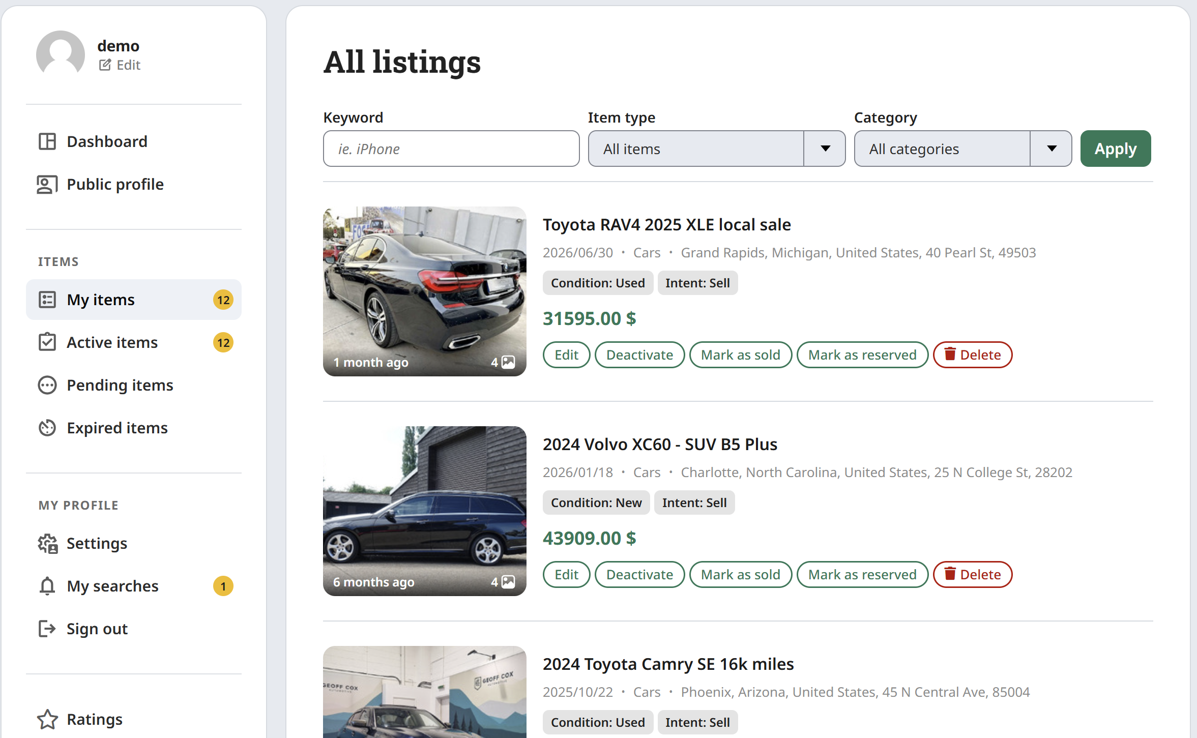 User account listings section
