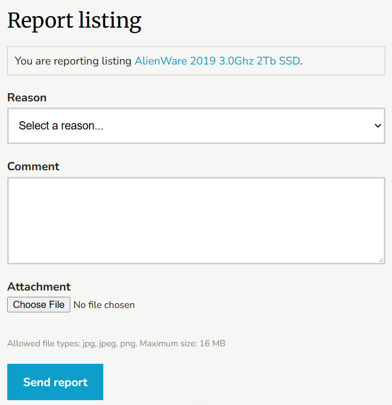 Osclass report listing form with reason dropdown, details field and submit button