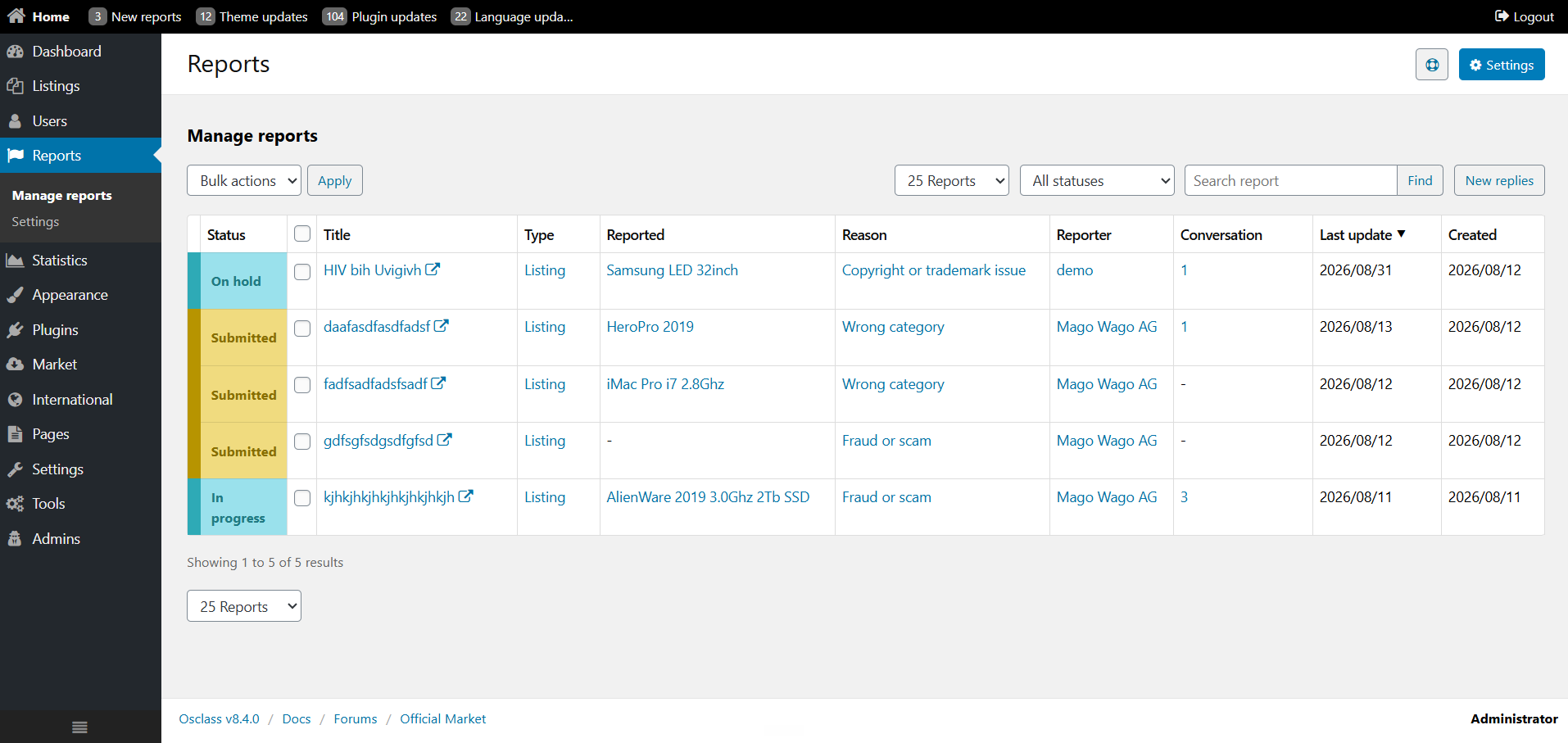 Osclass backoffice Reports table with status, reason, listing and user columns