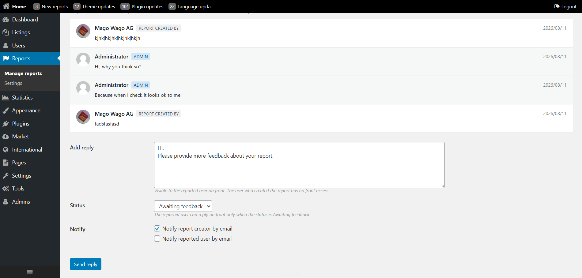 Osclass Reports settings page with enable, daily limit and email notification options