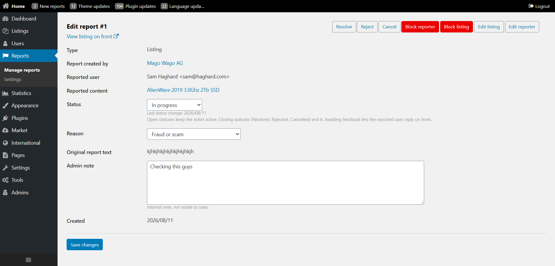 Front Osclass report page for the seller with awaiting feedback status and a reply form