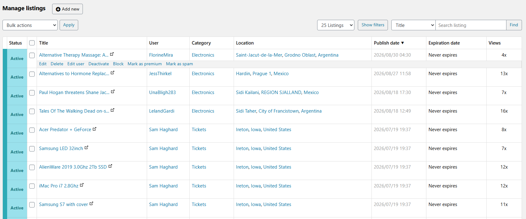 Osclass backoffice row actions and bulk actions menu