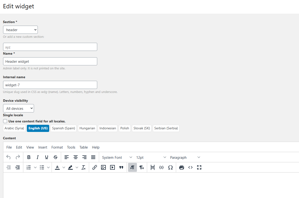 Osclass widget settings showing locale and device visibility options